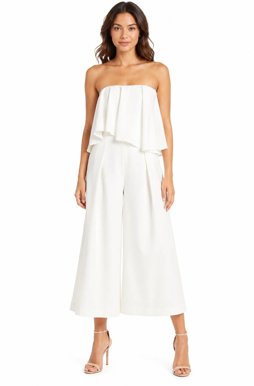 Few Moda Strapless Ruffle Off White Cropped Wide Leg Jumpsuit Womens Size Small